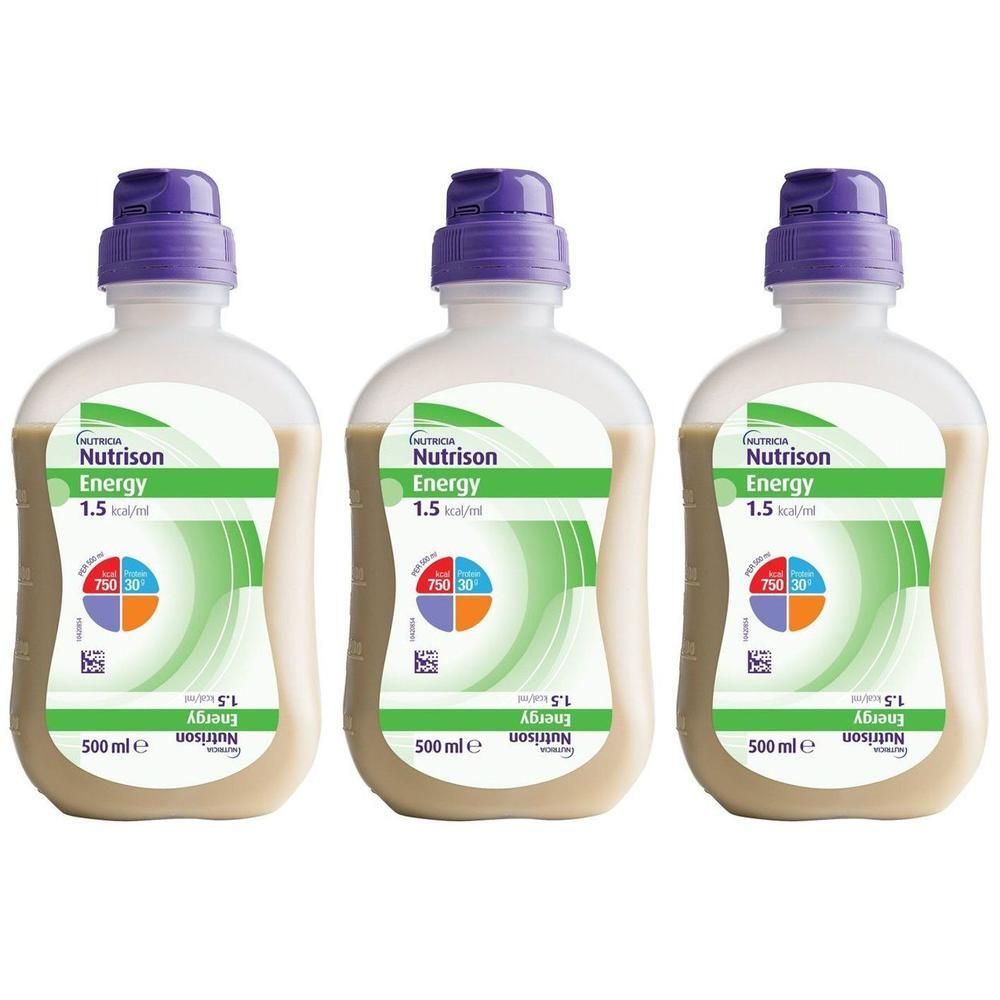 Trois bouteilles Nutrison Energy 1.5 kcal/ml avec bouchon et étiquette violets.