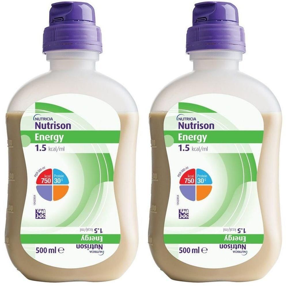 Twee flessen Nutrison Energy 1.5 kcal/ml met paarse dop. Elke fles bevat 500 ml.