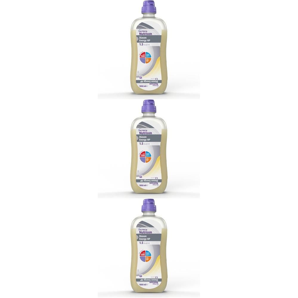 Trois bouteilles de Nutrison Diason Energy HP, alimentation par sonde, 1000ml.