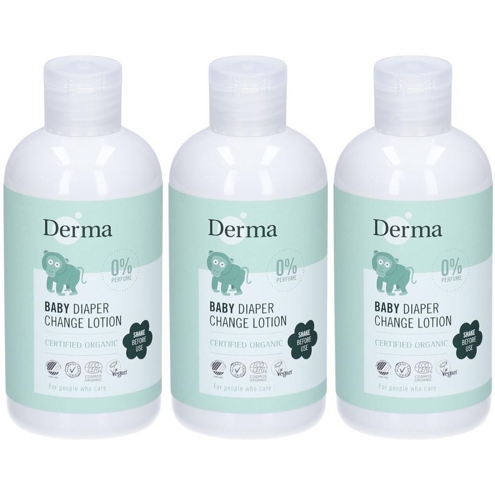 Trois flacons de lotion Derma pour le change de bébé, 0% parfum, certifié bio.