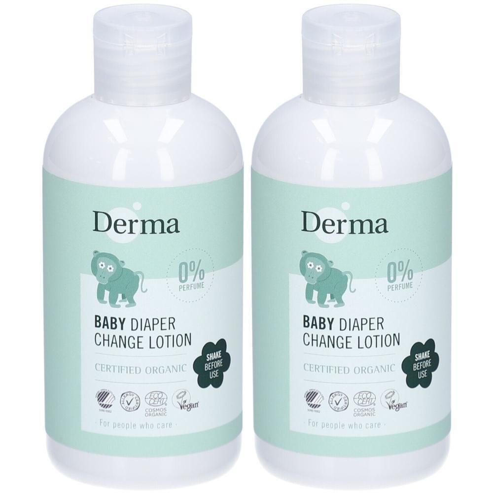 Twee flessen Derma Baby Luierwissel Lotion, gecertificeerd biologisch, 0% parfum.