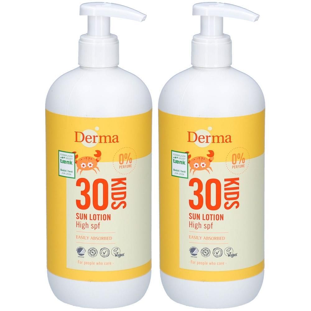 Twee flessen Derma Kids Zonnebrandcrème SPF 30, parfumvrij, snel geabsorbeerd.