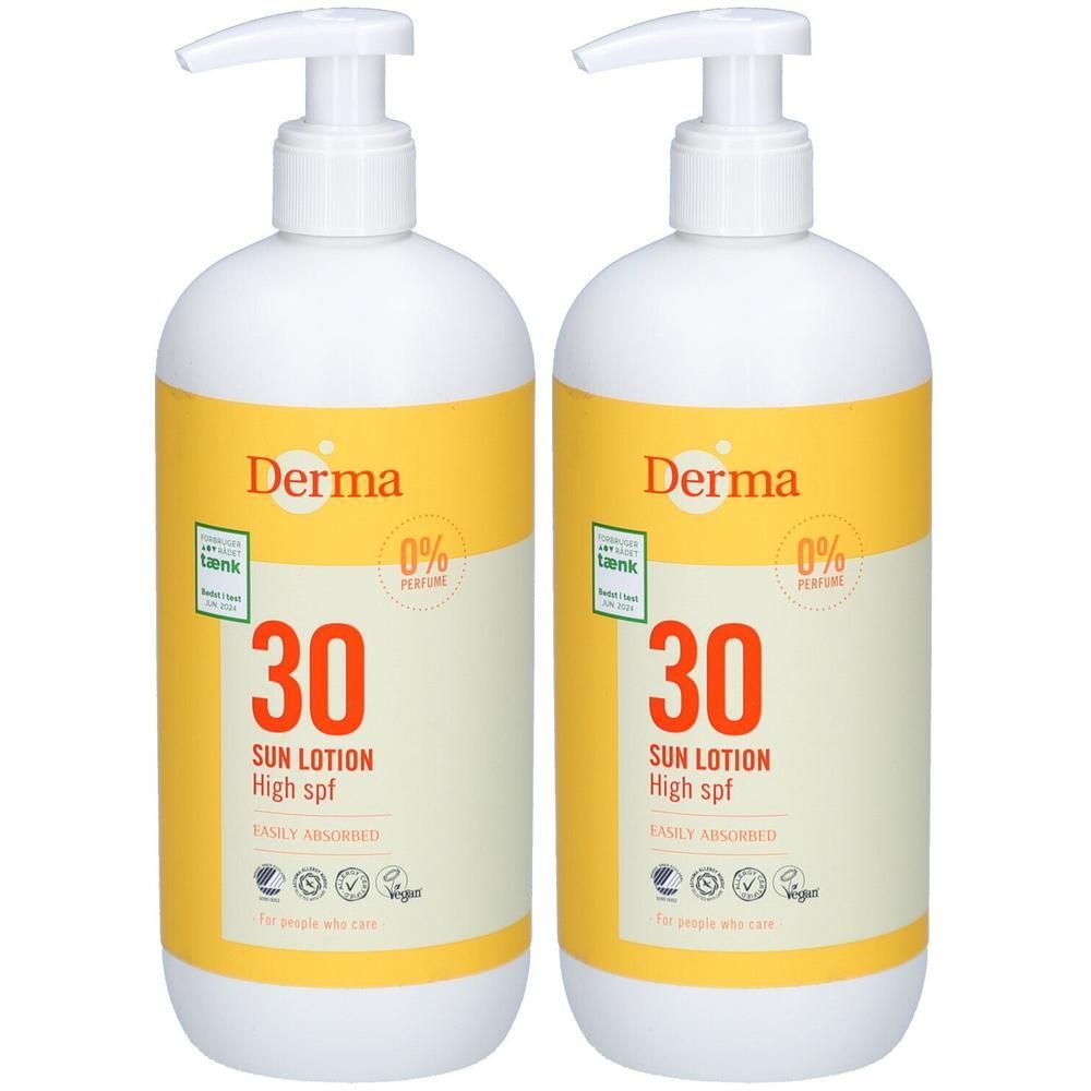 Twee witte pompflesjes Derma Sun Lotion SPF 30, snel absorberend, 0% parfum.