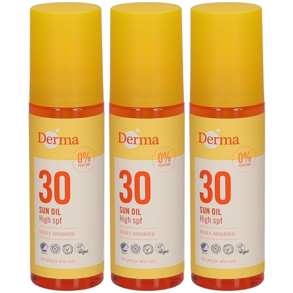 Drie flessen Derma Zonneolie SPF 30. Parfumevrij, gemakkelijk geabsorbeerd.