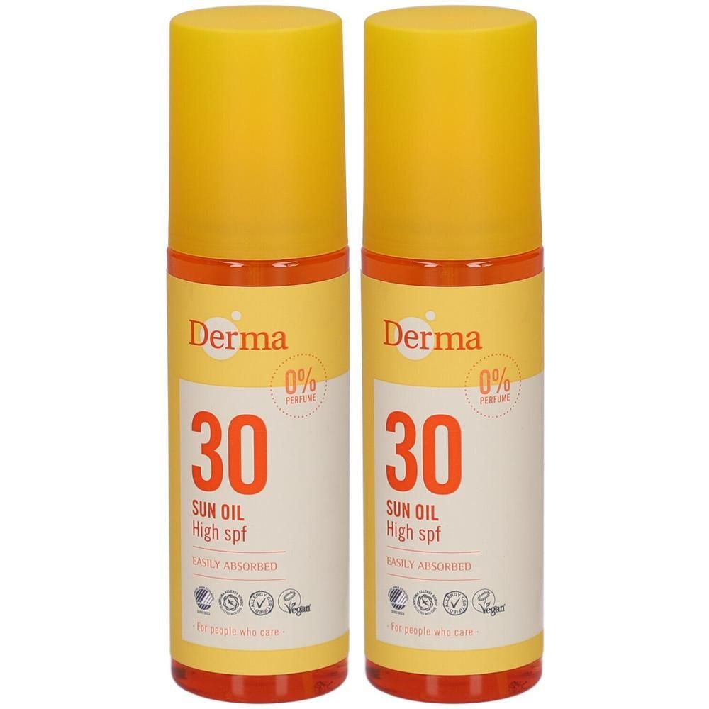 Twee flessen Derma Sun Oil SPF 30, gemakkelijk geabsorbeerd, 0% parfum.