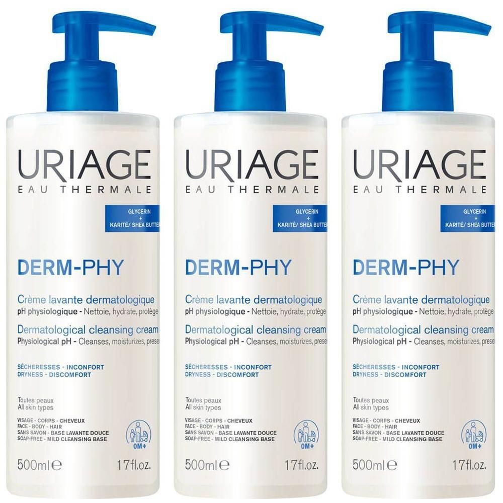 Trois flacons Uriage Derm-Phy Crème Lavante avec pompes. 500ml.