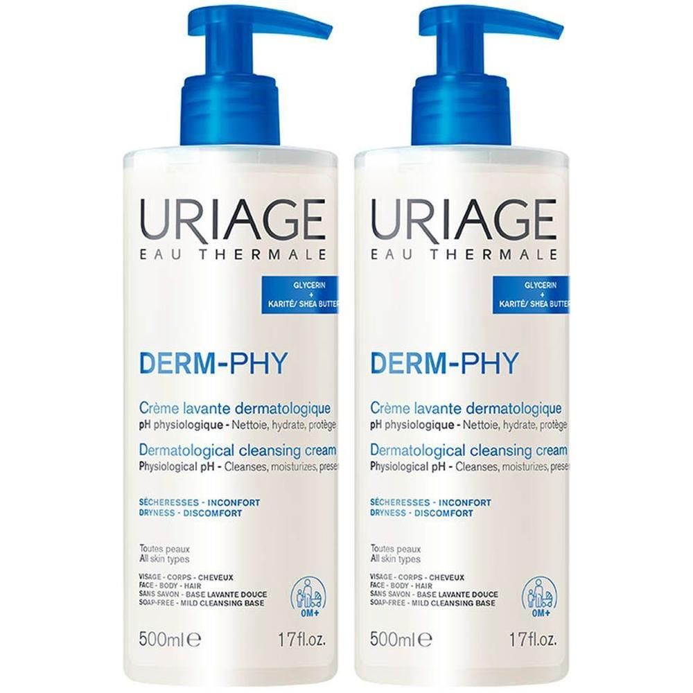 Twee Uriage Derm-Phy dermatologische wascrème flessen met pompen, 500ml.