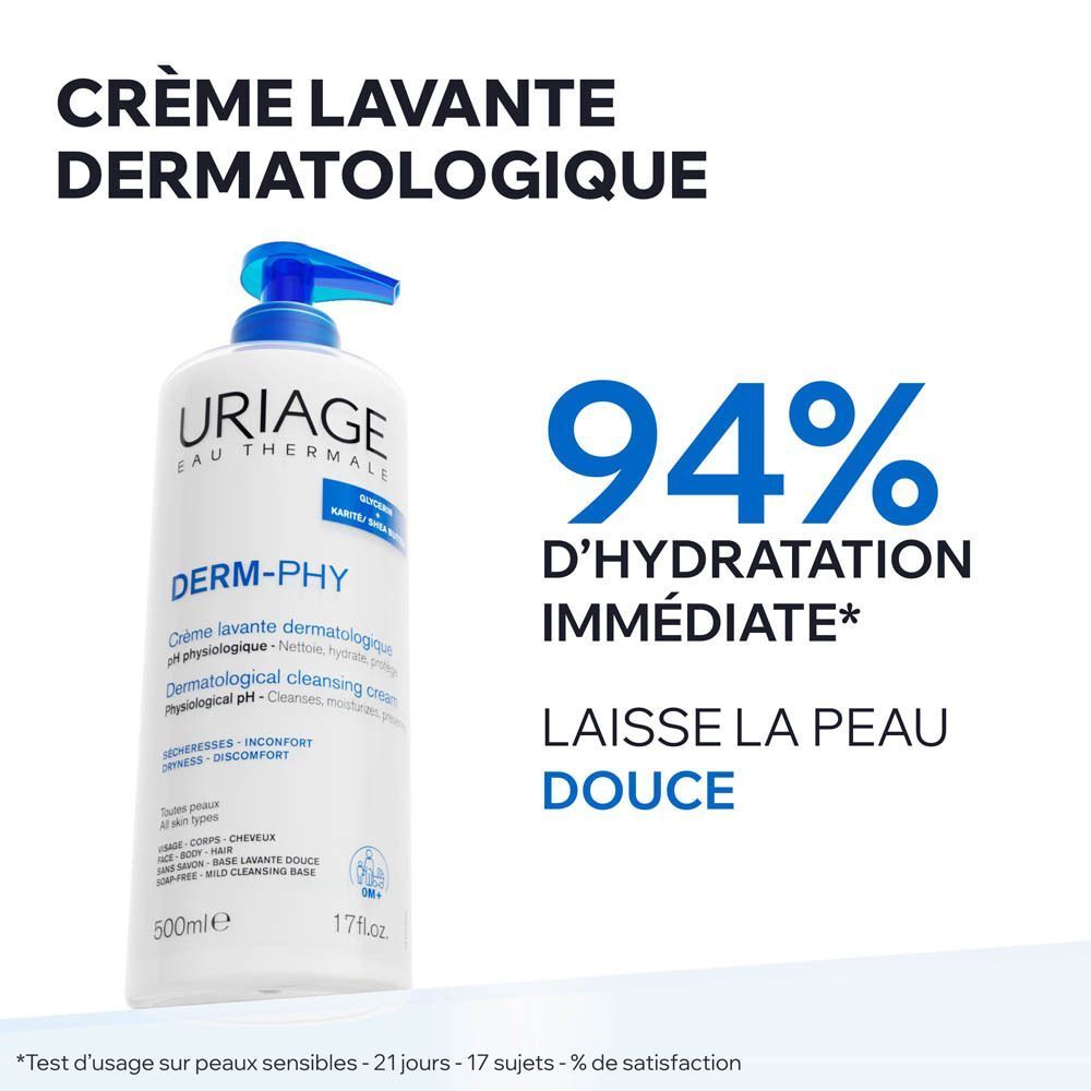 Uriage Derm-Phy crème lavante dermatologique, 500ml. 94% hydratation immédiate, laisse la peau douce.