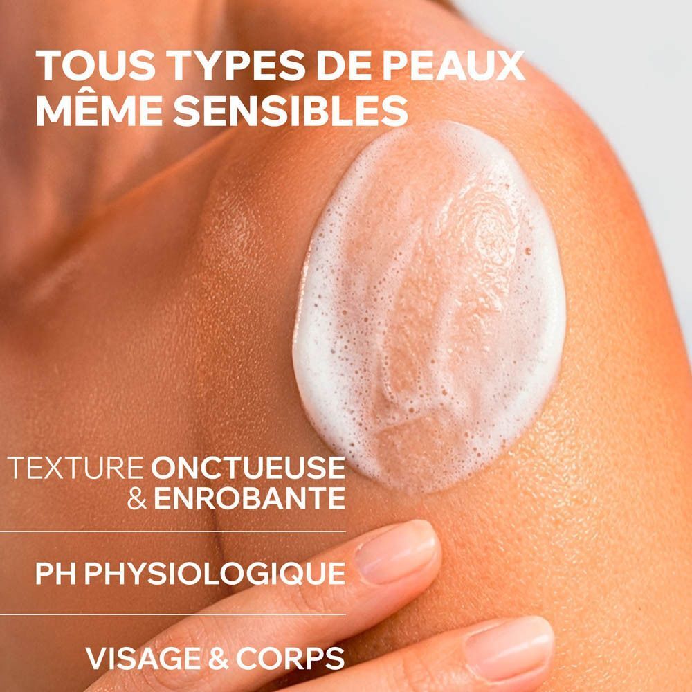 Mousse sur peau humaine. Pour tous types de peaux, même sensibles. Texture onctueuse, pH physiologique.