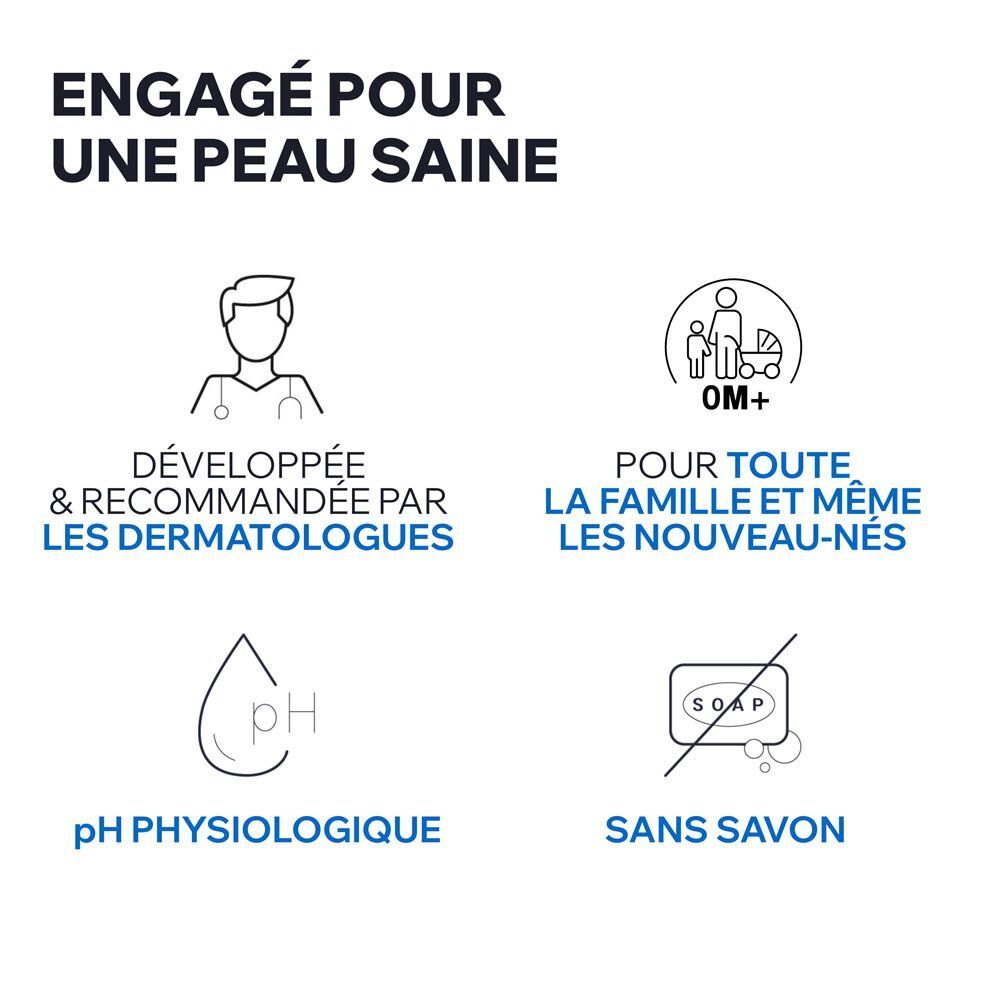 Développé et recommandé par les dermatologues. Pour toute la famille, dès la naissance. Sans savon, pH physiologique.
