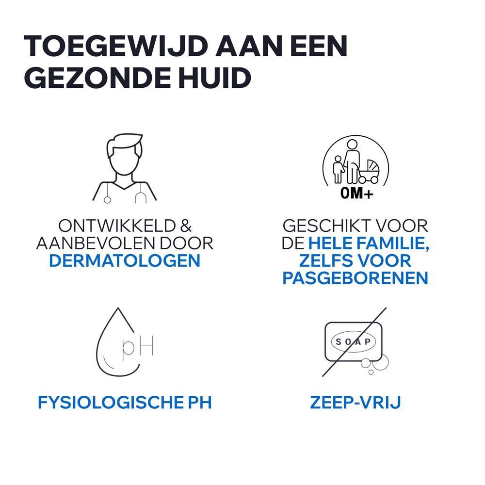 Ontwikkeld en aanbevolen door dermatologen. Voor het hele gezin, ook pasgeborenen. Zeepvrij, fysiologische pH.