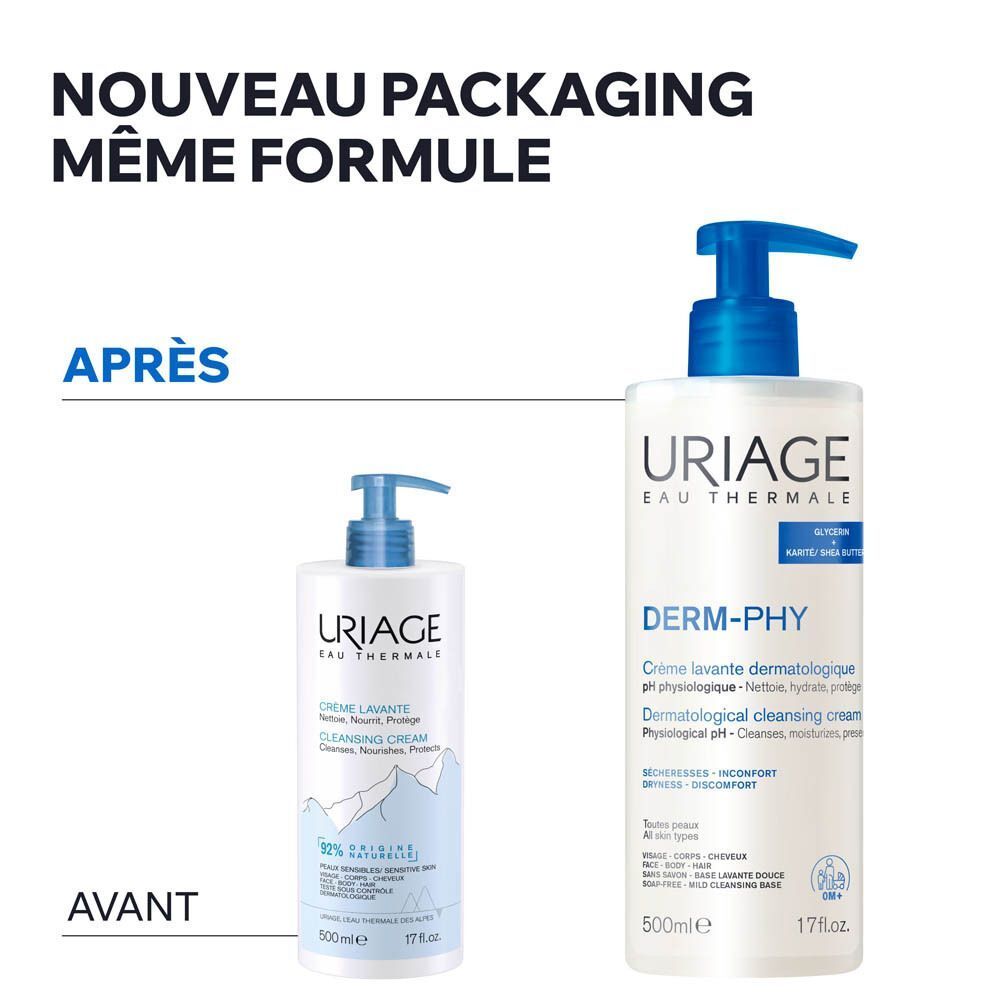 Nouveau packaging, même formule. Comparaison ancien et nouveau flacon Uriage Derm-Phy.