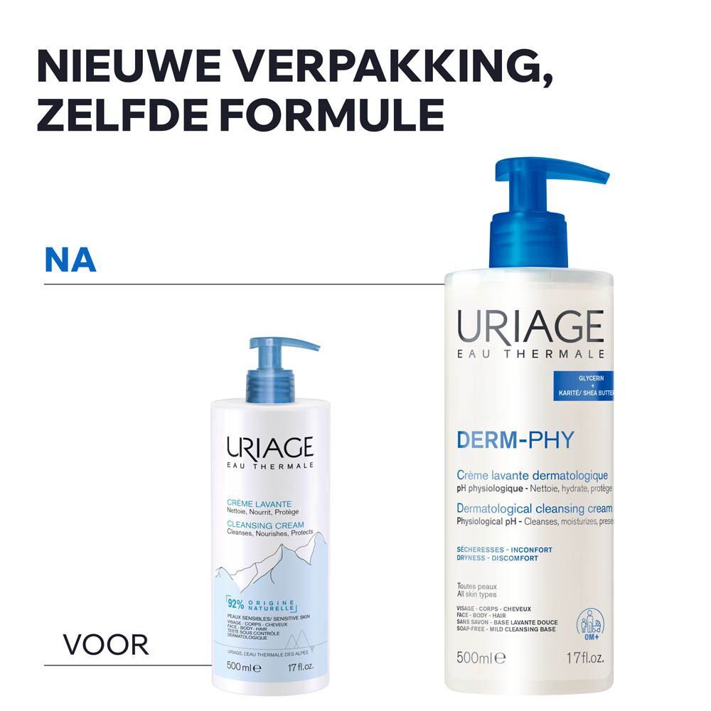 Nieuwe verpakking, zelfde formule. Vergelijking oude en nieuwe Uriage Derm-Phy wascrème.