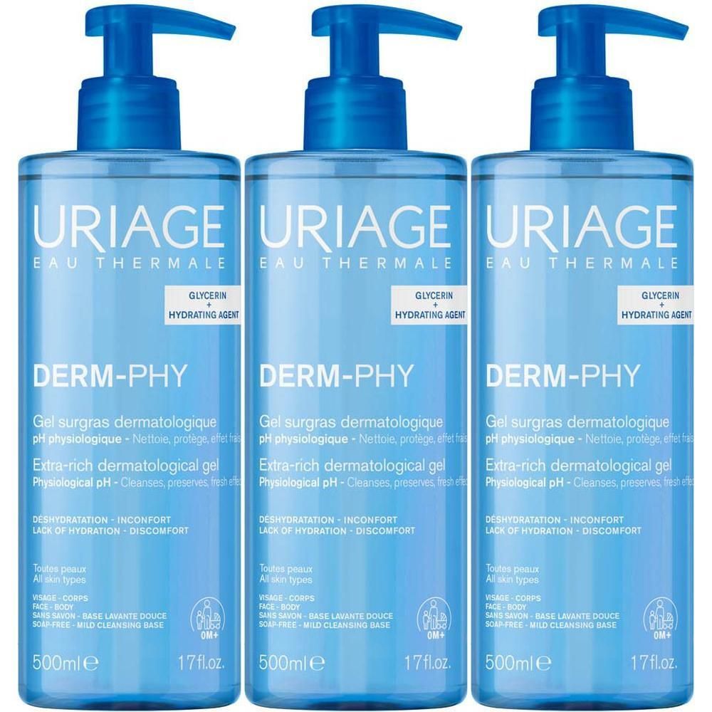 Trois flacons Uriage Derm-Phy Gel surgras dermatologique extra-riche avec pompes. 500ml.