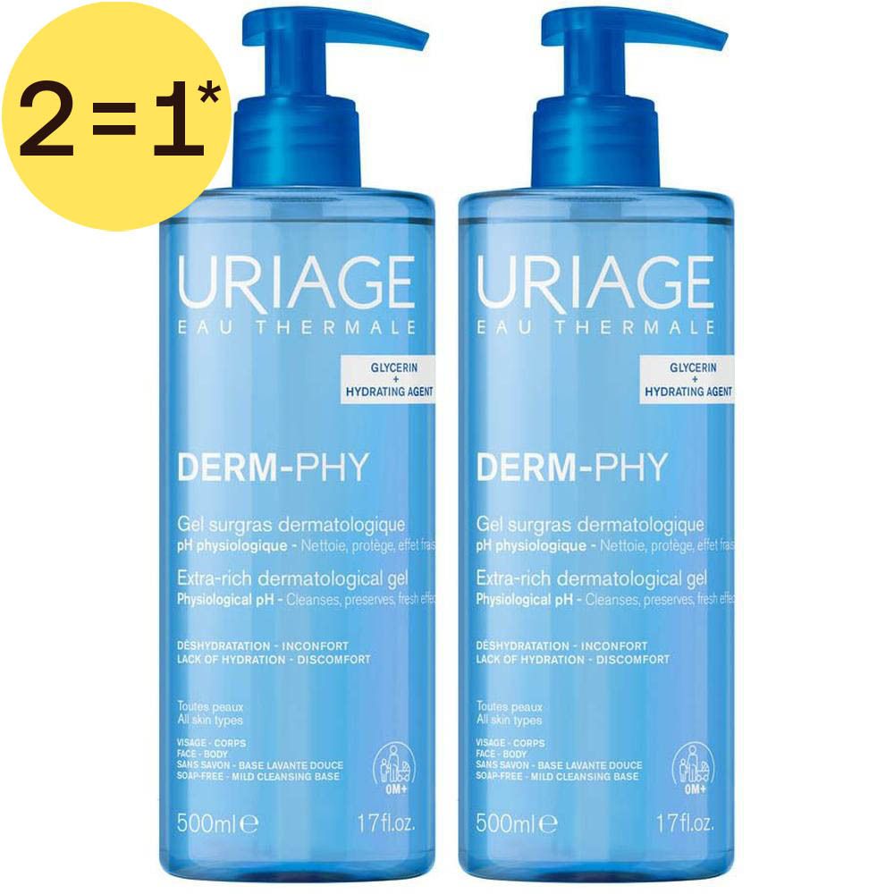 Twee flessen Uriage Derm-Phy Extra-rich dermatologische gel, elk 500ml.