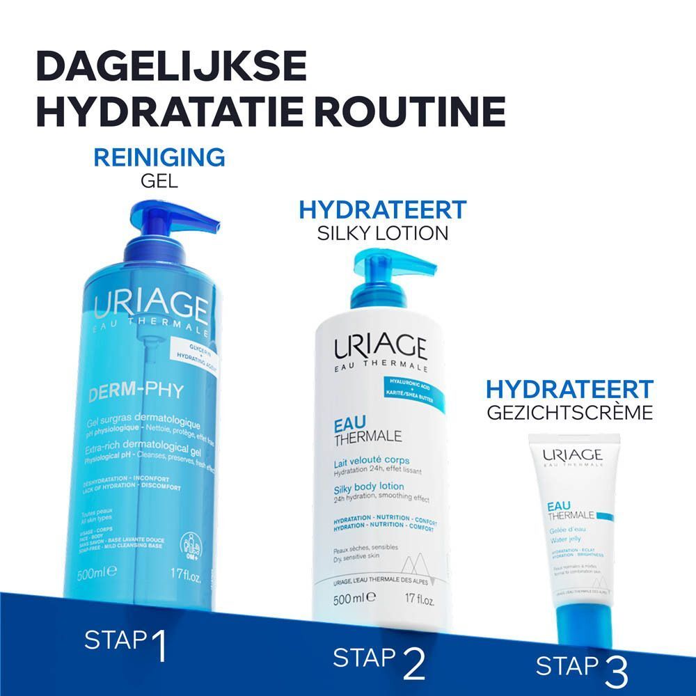 Uriage dagelijkse hydratatie routine: Reinigingsgel, Silky Lotion, Gezichtscrème.