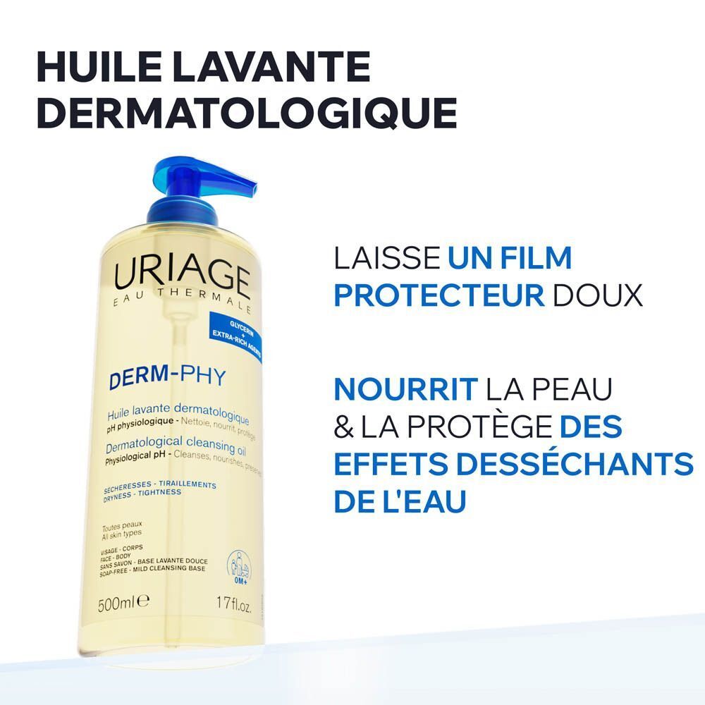 Flacon d'huile lavante Uriage avec pompe, 500ml. Laisse un film protecteur.