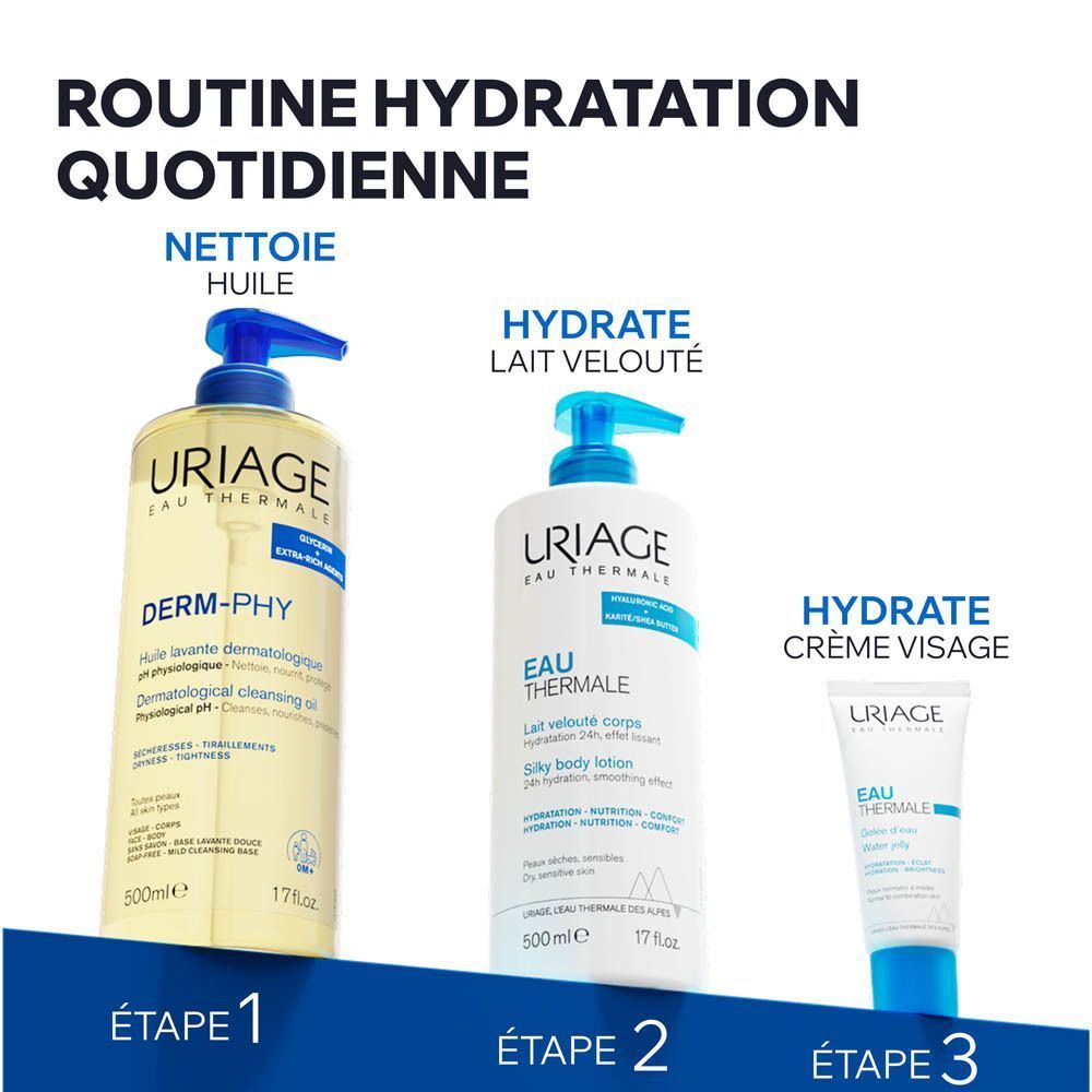 Routine Uriage: Huile lavante, lait corps, crème visage. Hydratation quotidienne.