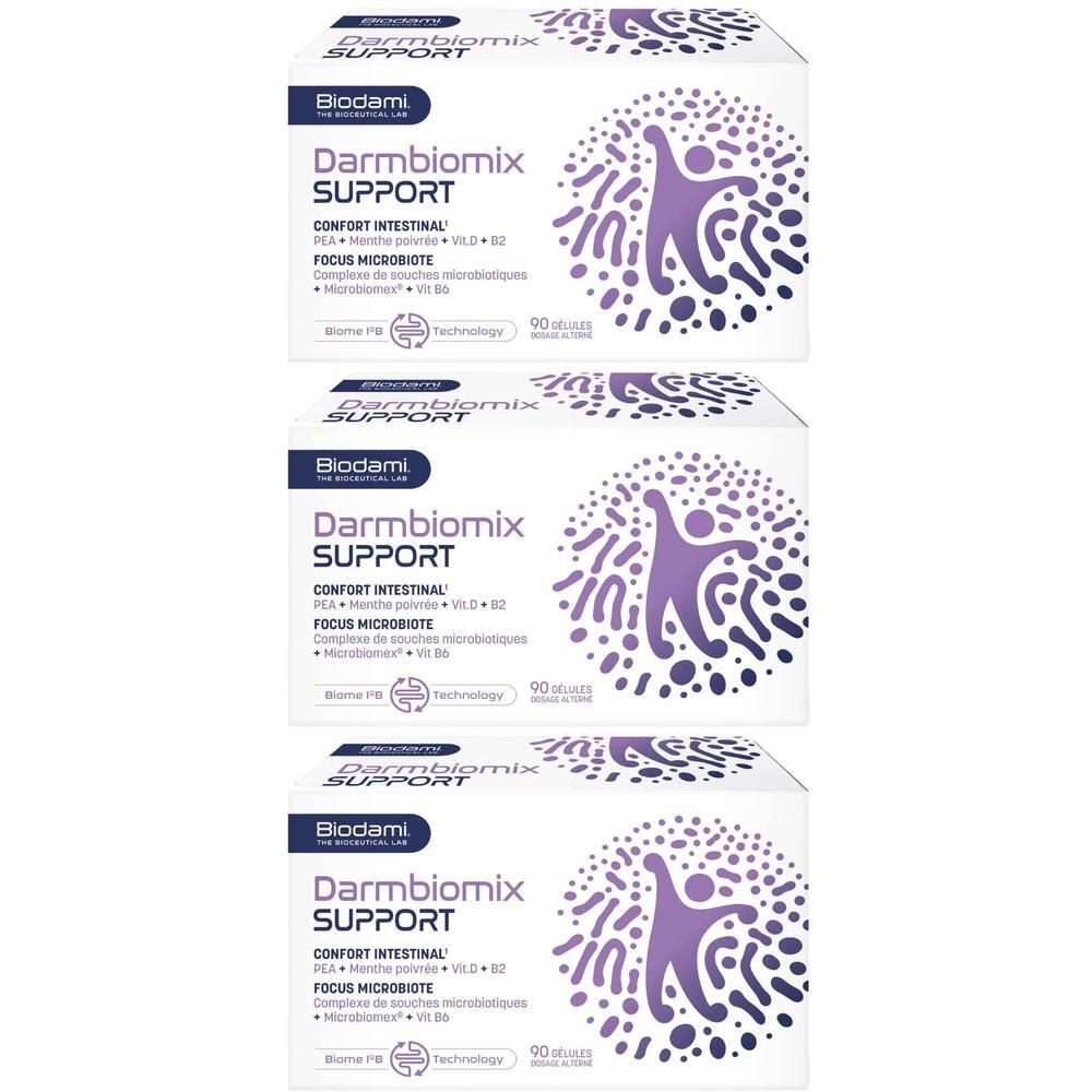 Trois boîtes de Darmbiomix Support, 90 gélules chacune. L'emballage présente une figure stylisée violette et le logo Biodami.