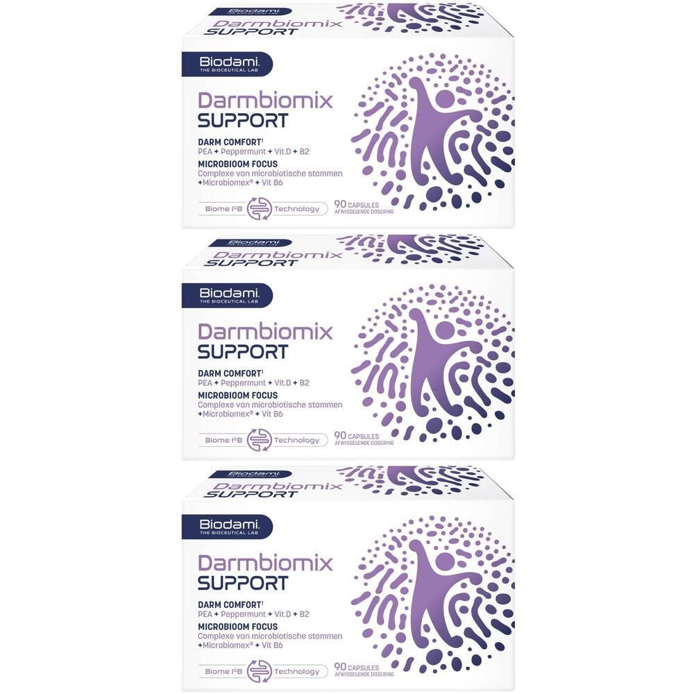 Drie verpakkingen Darmbiomix Support, elk 90 capsules. De verpakking toont een gestileerd paars figuur en het Biodami-logo.