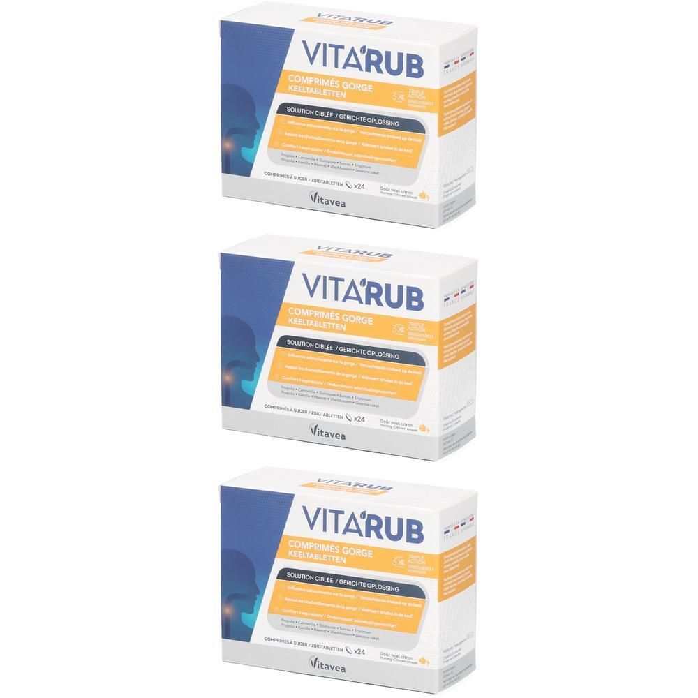 Trois boîtes de comprimés Vita'rub pour la gorge, mentholés et eucalyptus.