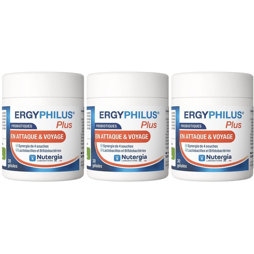 Trois pots Ergyphilus Plus probiotiques, 30 gélules par pot.