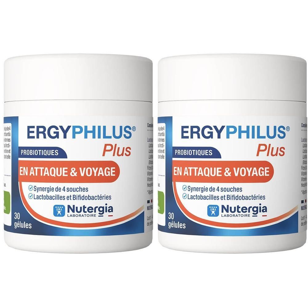 Twee potten Ergyphilus Plus probiotica, elk 30 capsules. Bevat een synergie van 4 stammen Laktobacillen en Bifidobacteriën.