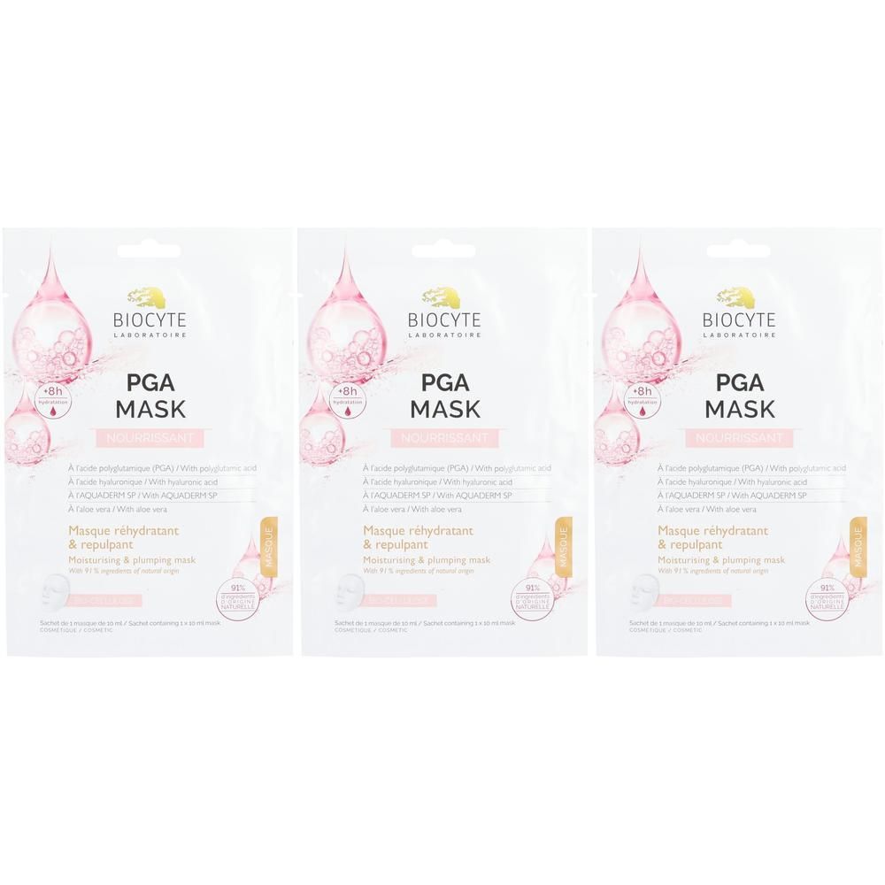 Trois sachets Biocyte PGA Mask avec gouttes roses et texte. Contient PGA, acide hyaluronique et AQUAXYL.