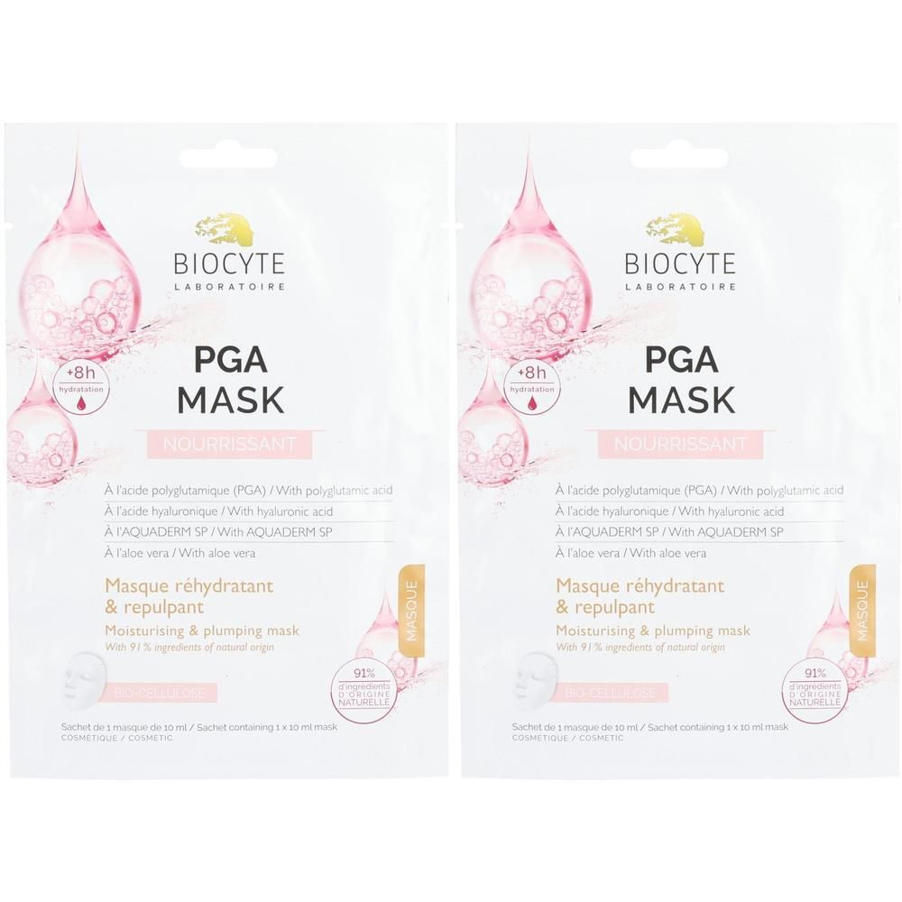 Twee Biocyte PGA Mask sachets met hyaluronzuur en aloë vera.