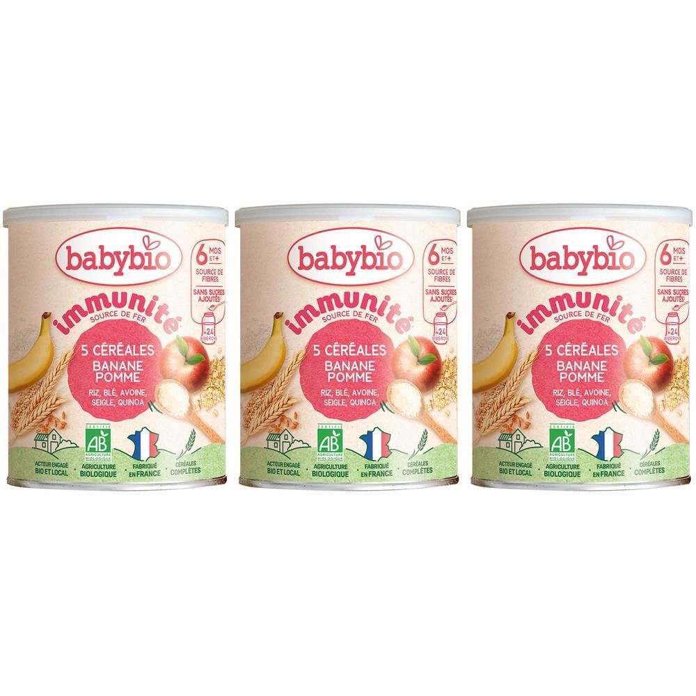 Drie blikken Babybio Immunite 5 Granen Banaan Appel met fruit- en graanafbeelding.