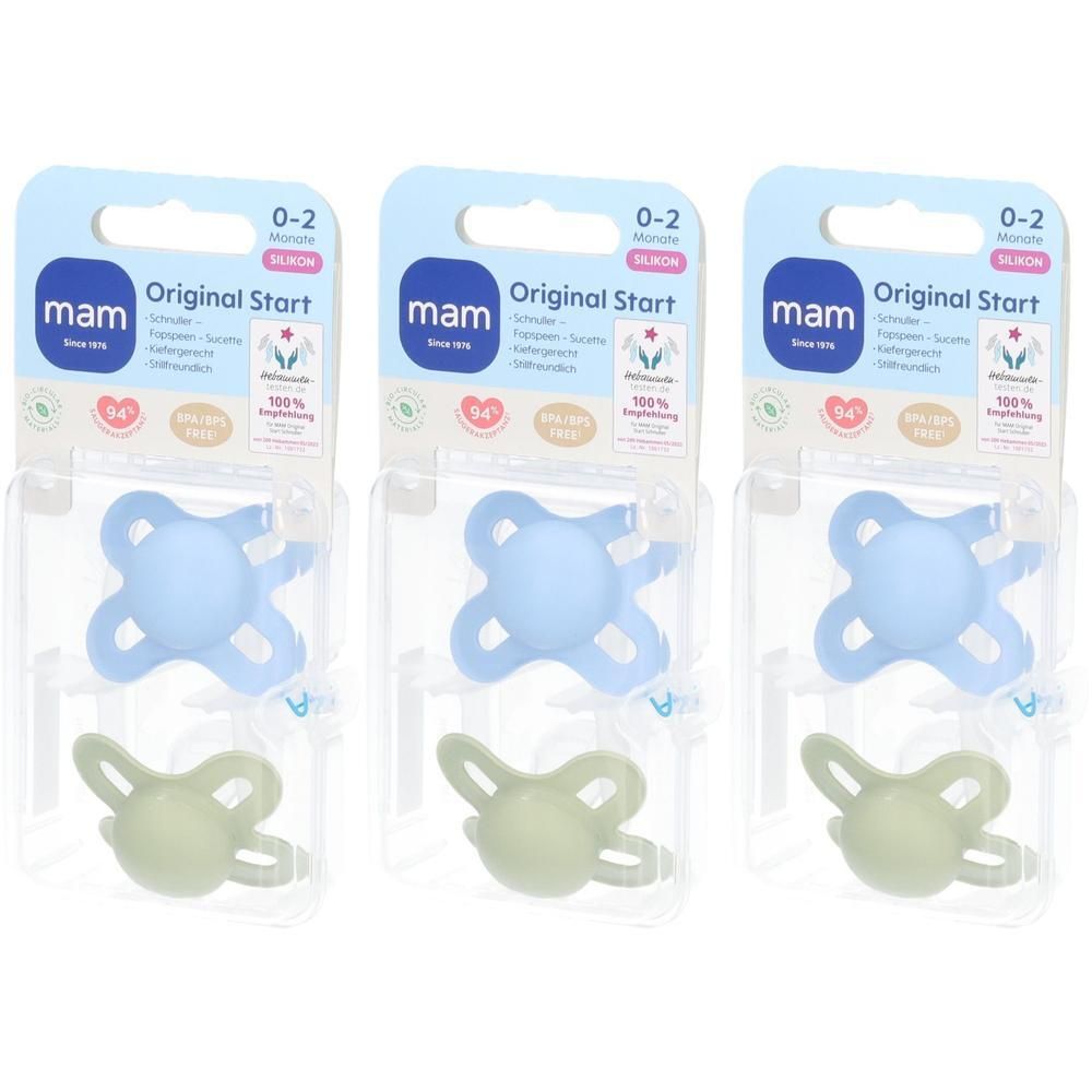Trois sucettes MAM Original Start en silicone pour 0-2 mois. Deux sucettes bleues et une verte dans leurs emballages individuels.
