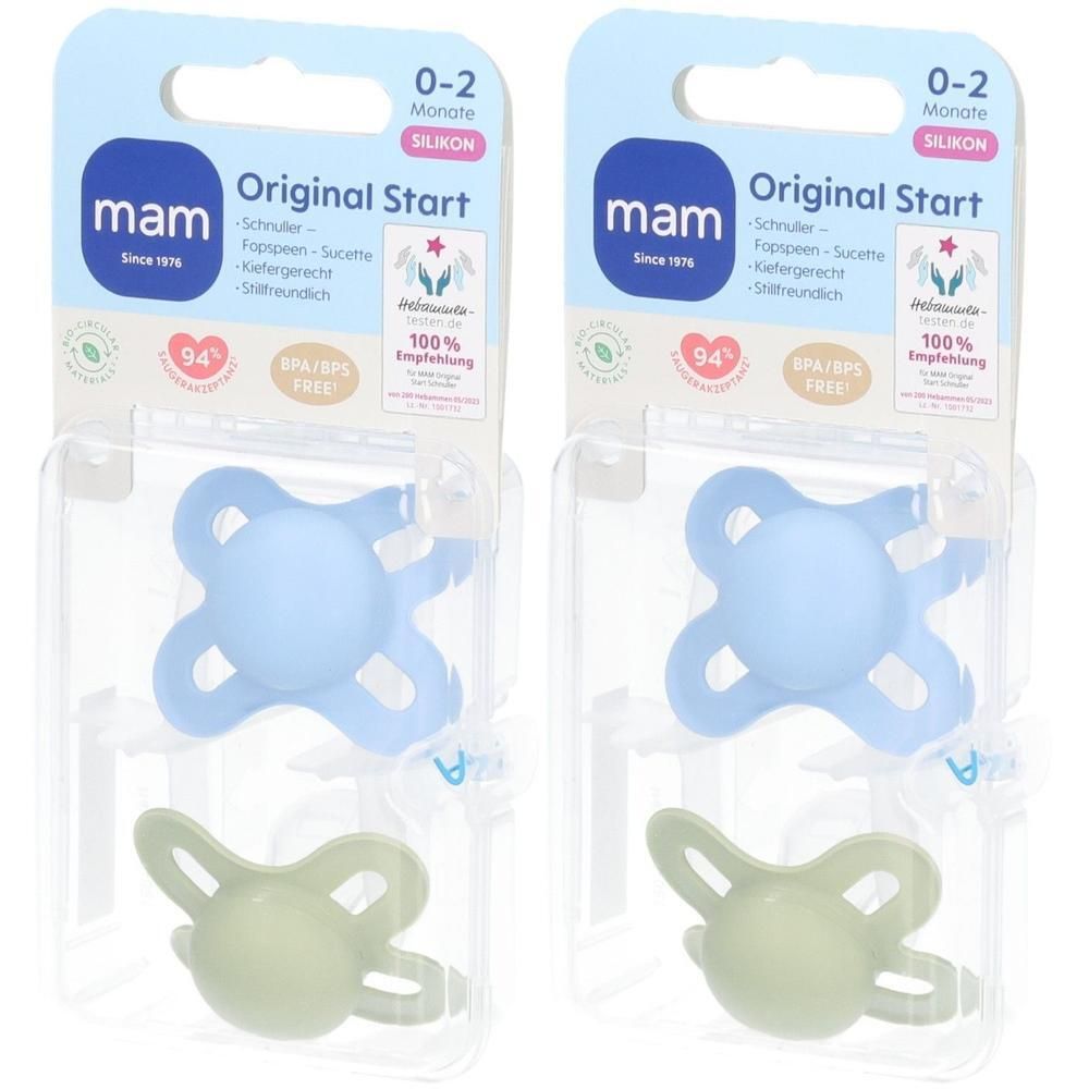 Deux sucettes MAM Original Start en silicone pour 0-2 mois. Une sucette bleue et une vert clair, emballées individuellement.
