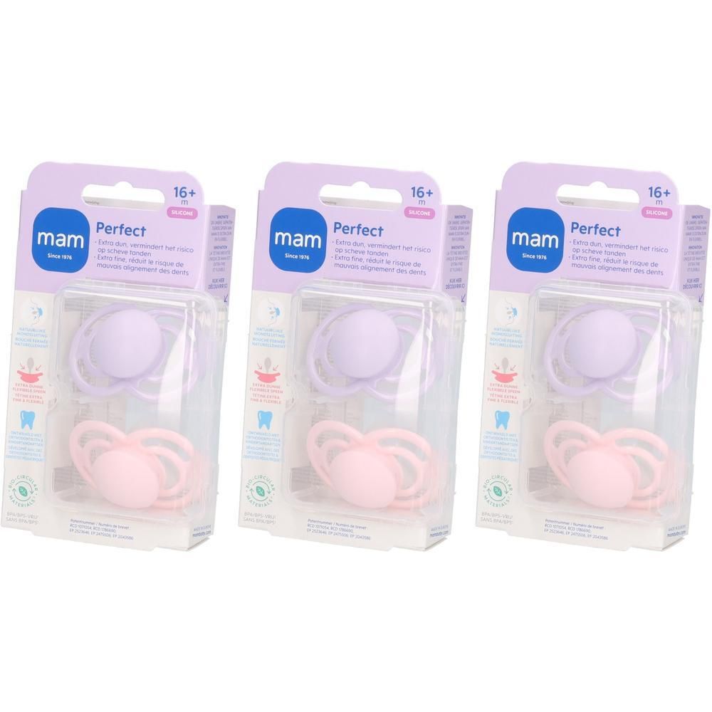 Trois sucettes MAM Perfect rose et lilas, 16+ mois, en emballages individuels.