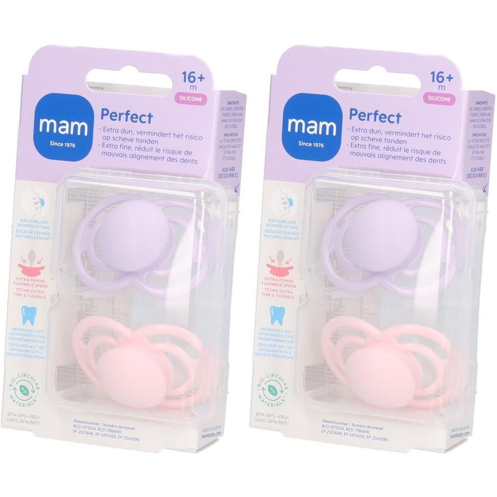 Twee MAM Perfect siliconen fopspeen, 16+ maanden, roze en lila.