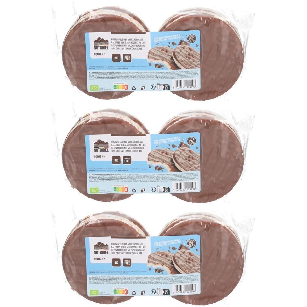 Trois paquets de galettes de riz bio au chocolat au lait.