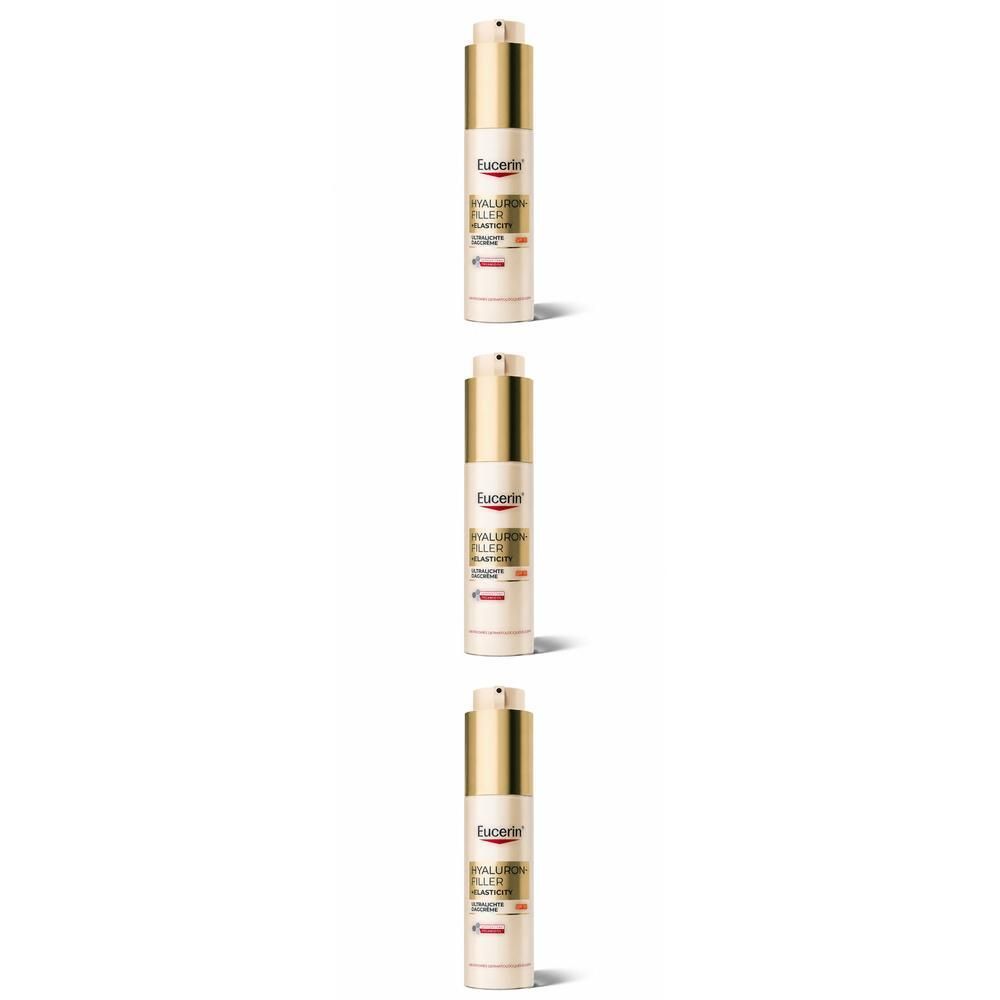 Drie Eucerin Hyaluron-Filler+ Elasticity dagcrème pompflesjes.