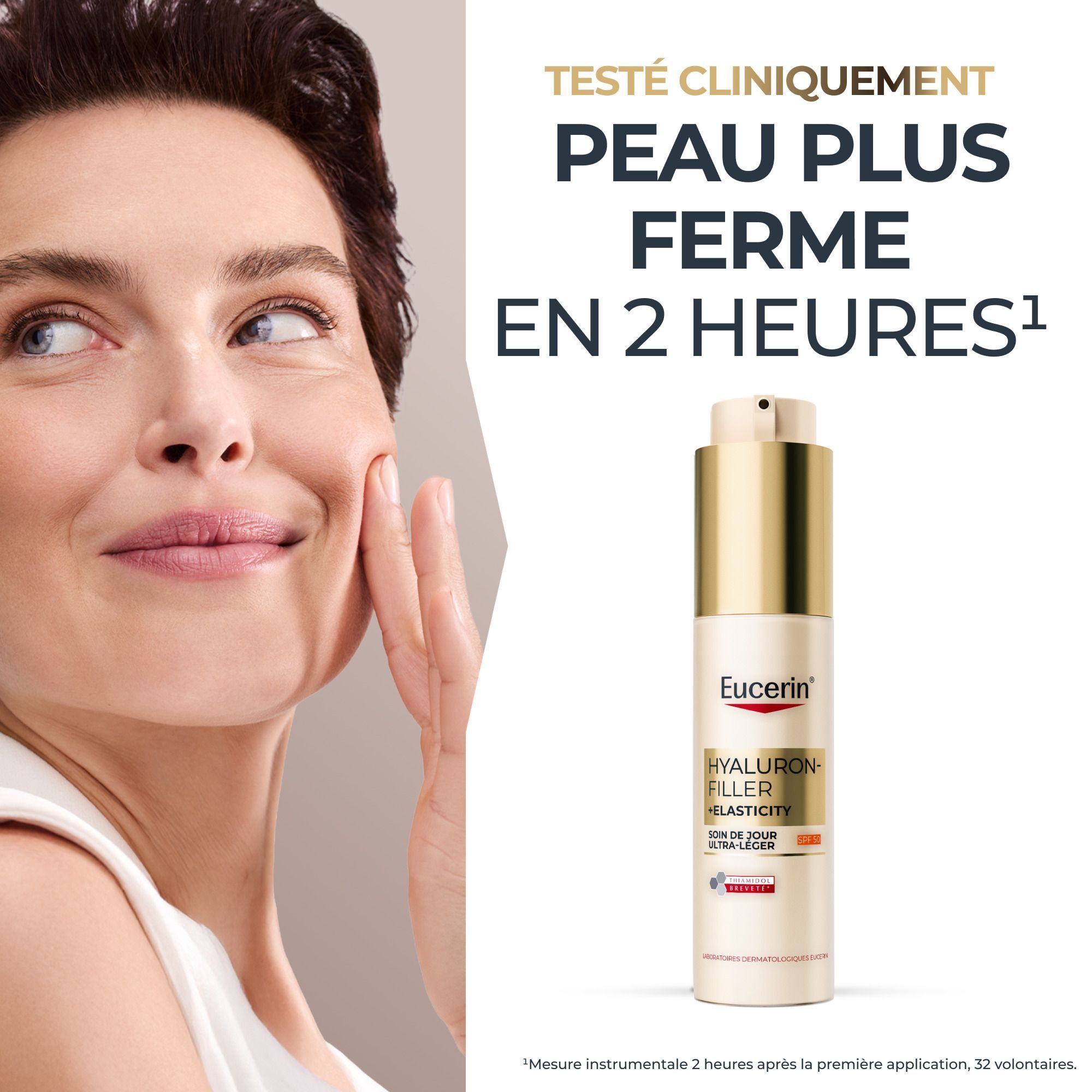 Femme avec une peau plus ferme après application du Soin de jour Eucerin Hyaluron-Filler+ Elasticity.