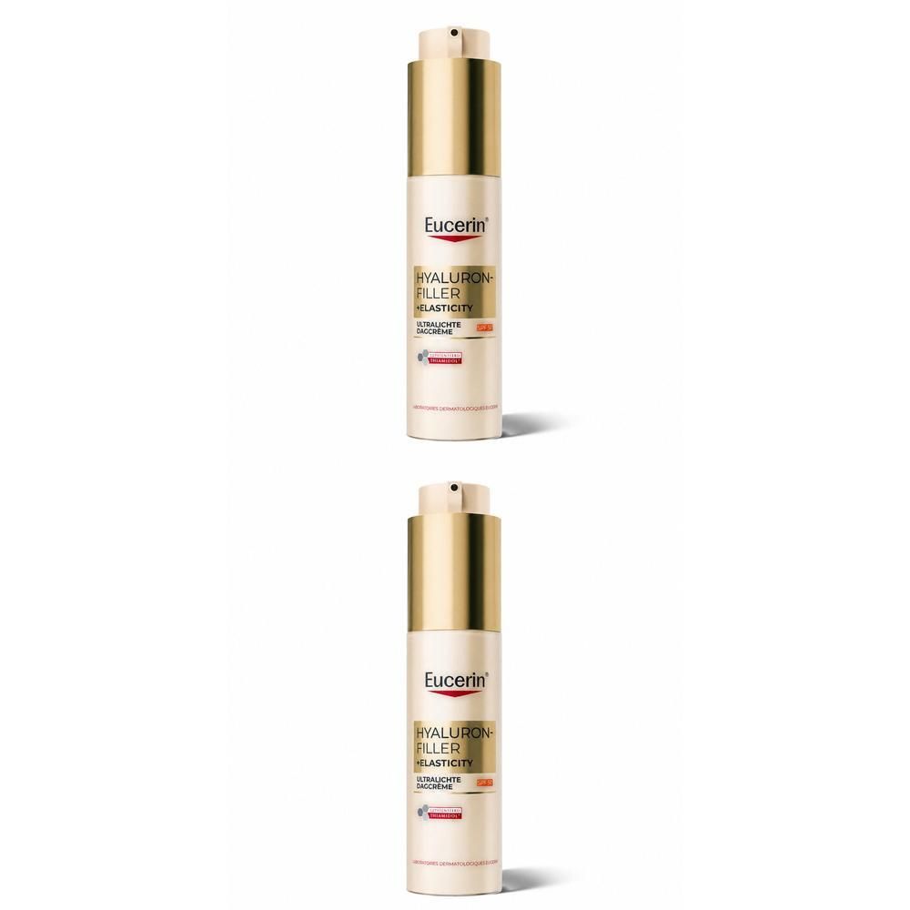 Twee flacons Eucerin Hyaluron-Filler+ Elasticity Dagcrème SPF 50.