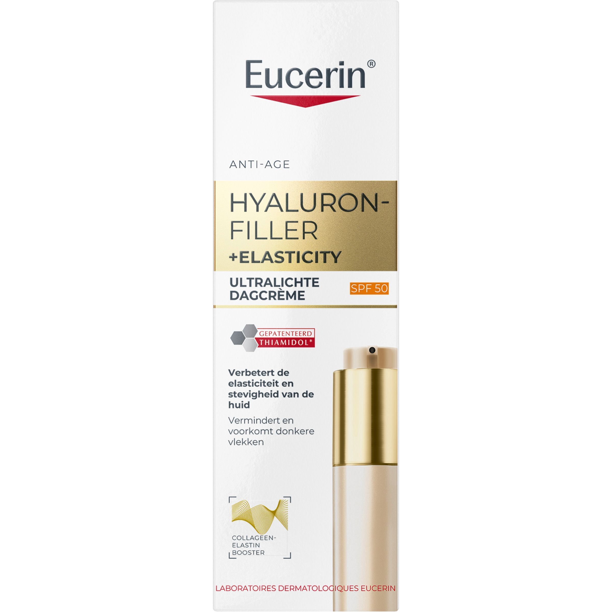 Eucerin Hyaluron-Filler+ Elasticity Dagcrème SPF 50 in doos.