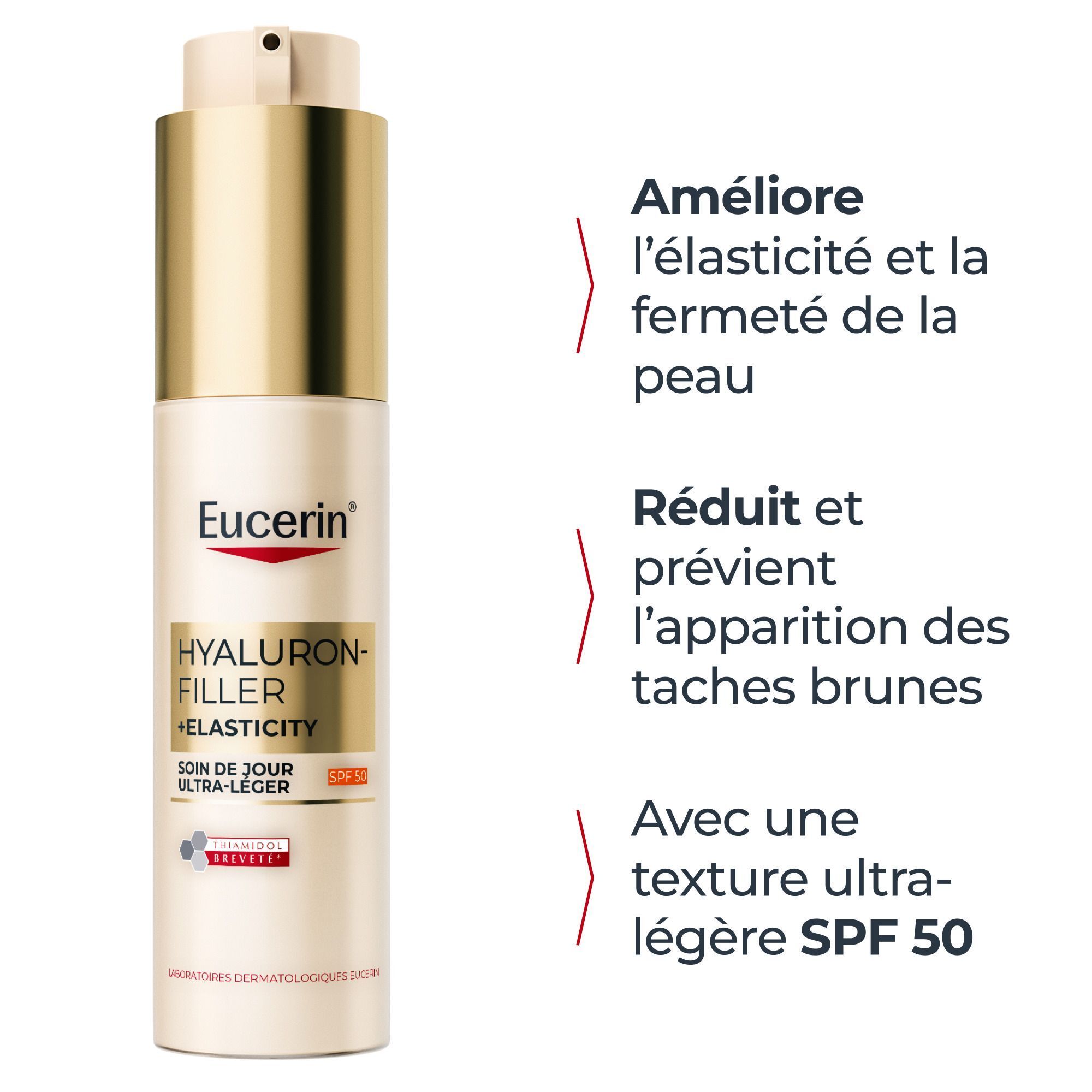 Soin de jour Eucerin Hyaluron-Filler+ Elasticity SPF 50 avec description.