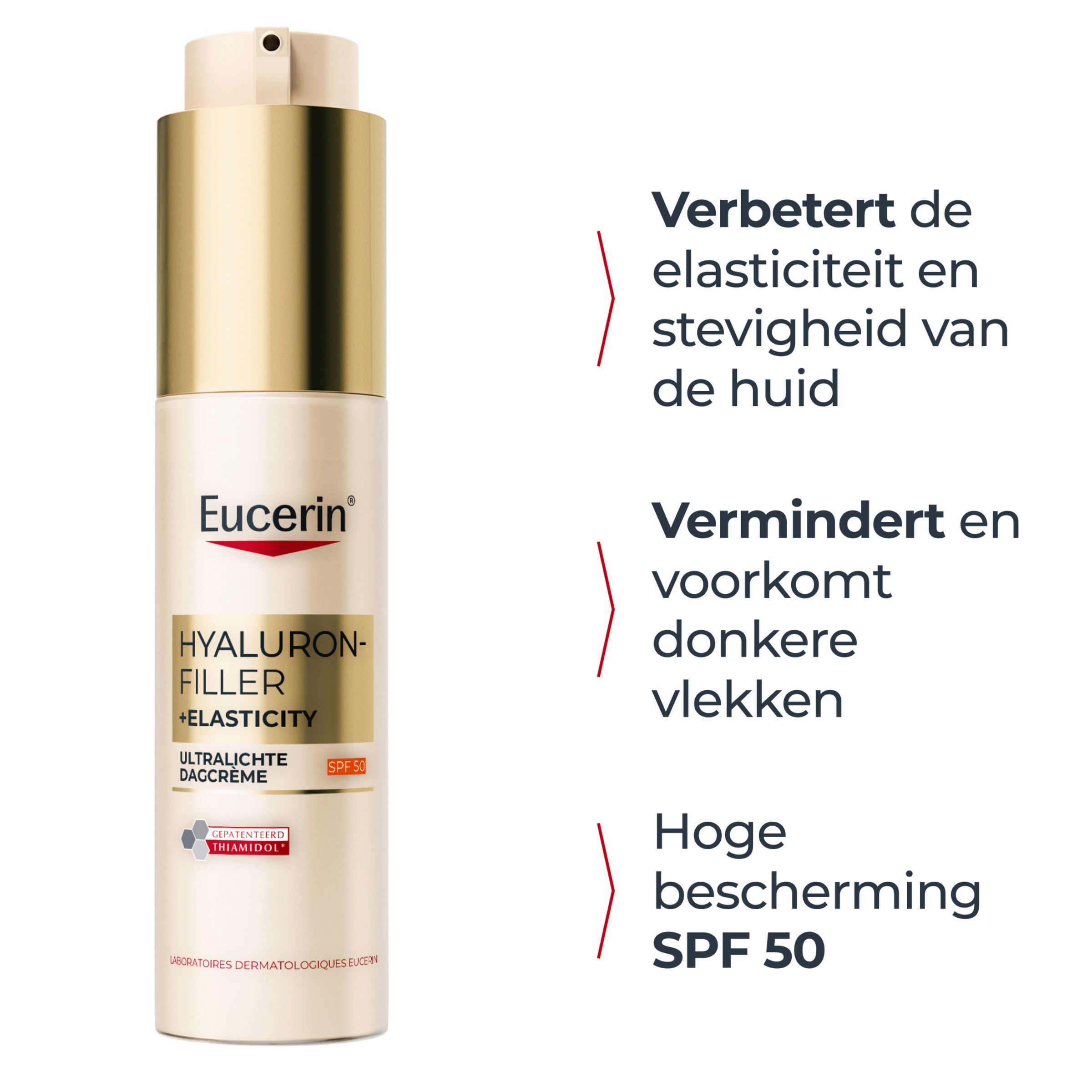 Eucerin Hyaluron-Filler+ Elasticity Dagcrème SPF 50 met beschrijving.