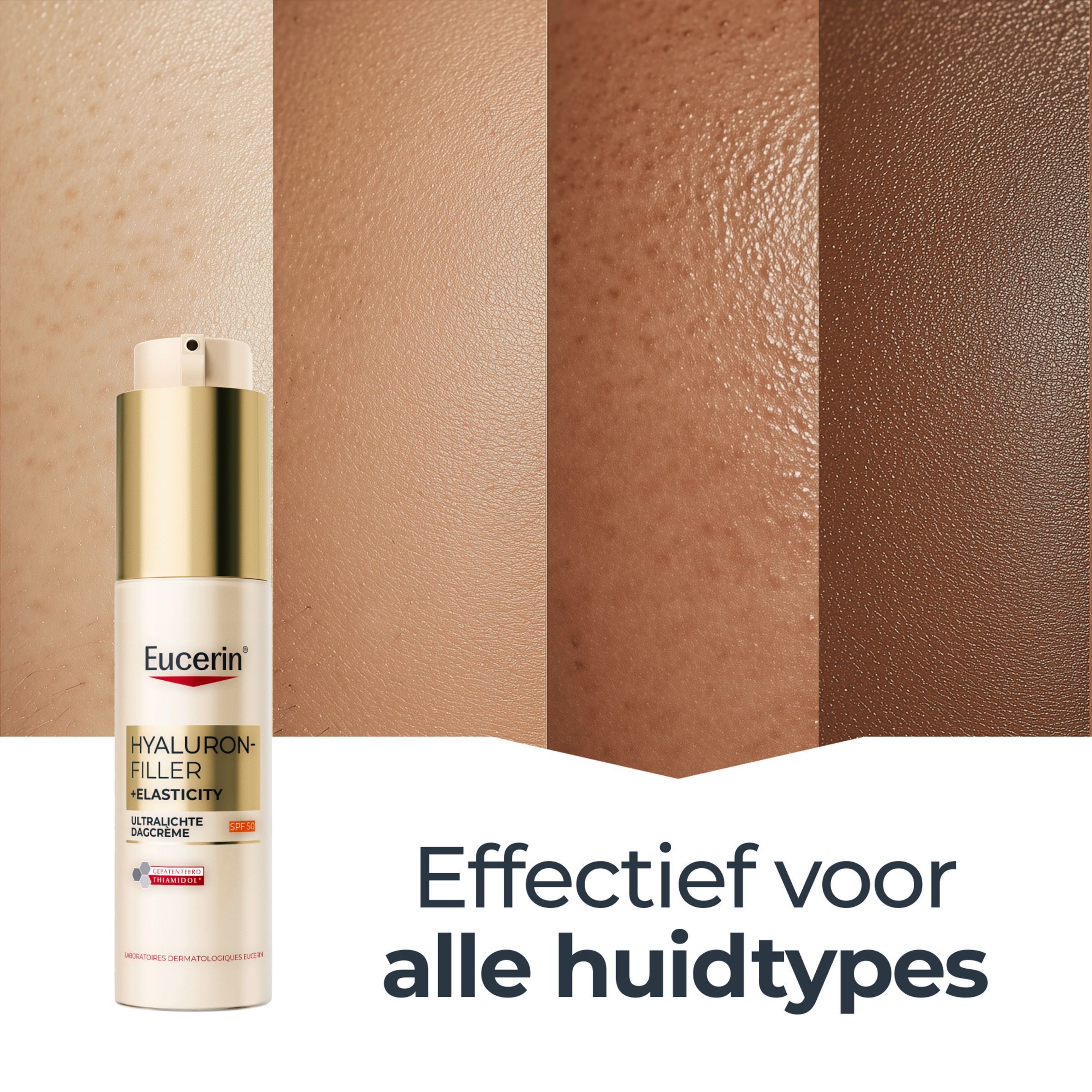 Eucerin Hyaluron-Filler+ Elasticity Dagcrème SPF 50 op huidtypen-achtergrond.