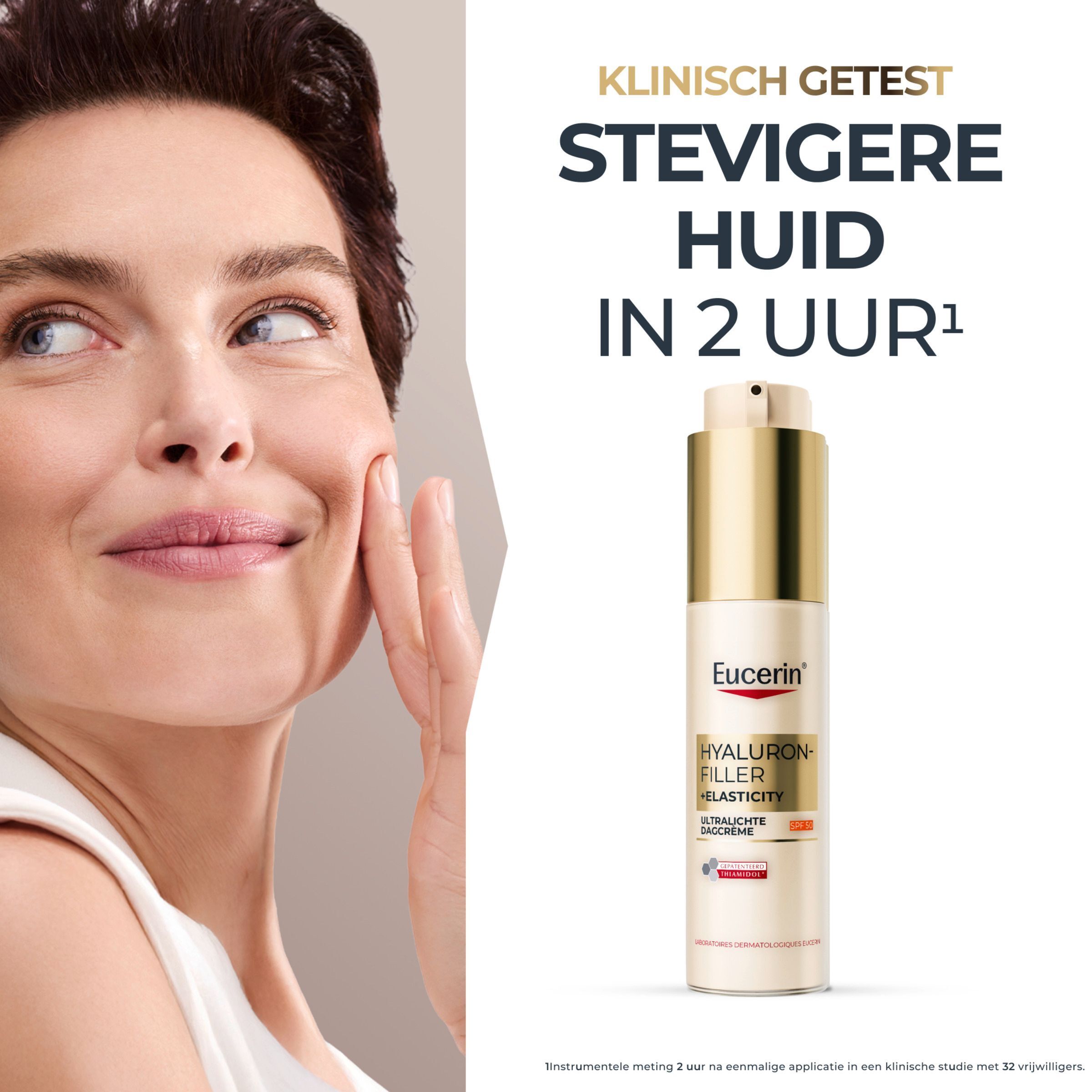 Vrouw met Eucerin Hyaluron-Filler+ Elasticity Dagcrème SPF 50.