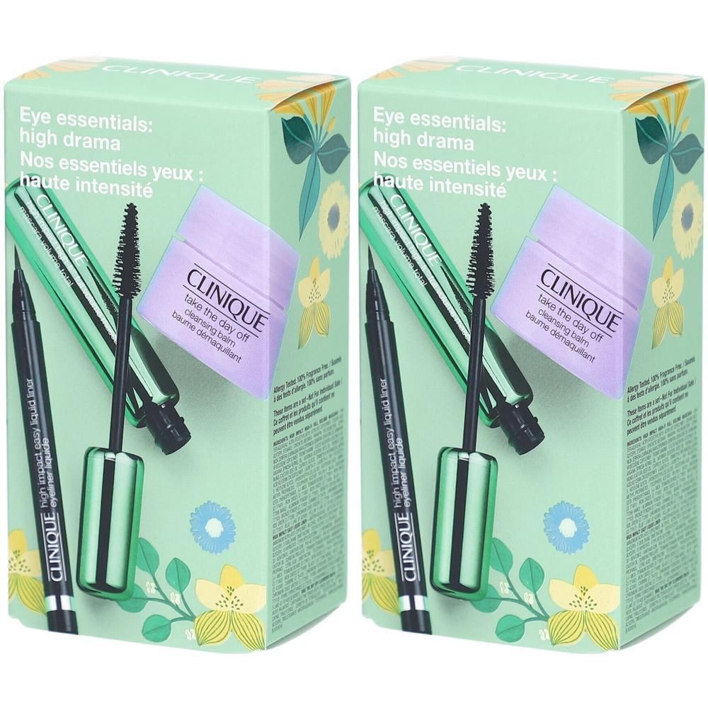 Set Clinique pour les yeux : mascara, eye-liner liquide et baume démaquillant dans un coffret.