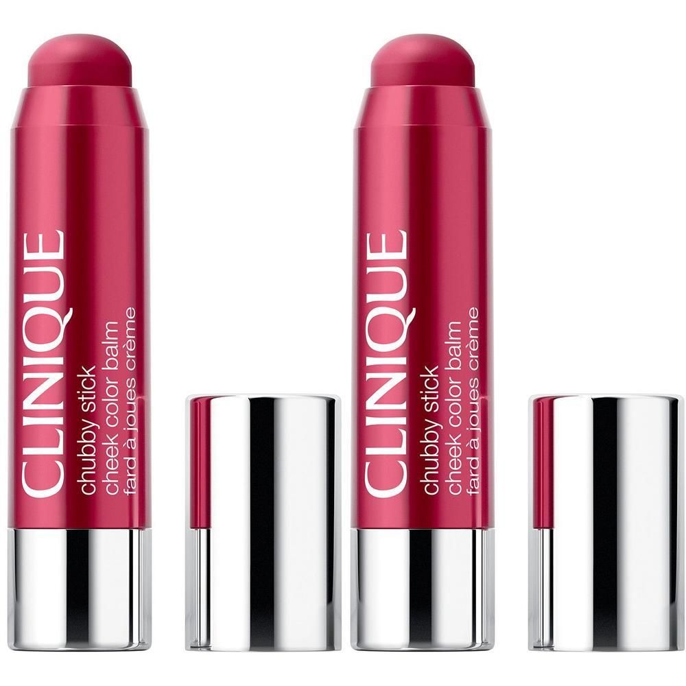 Twee CLINIQUE Chubby Sticks in Roly Poly Rosy met zilveren doppen.