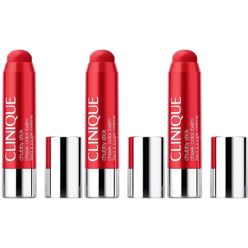 Drie Clinique Chubby Stick blusher in rood met zilveren dopjes.