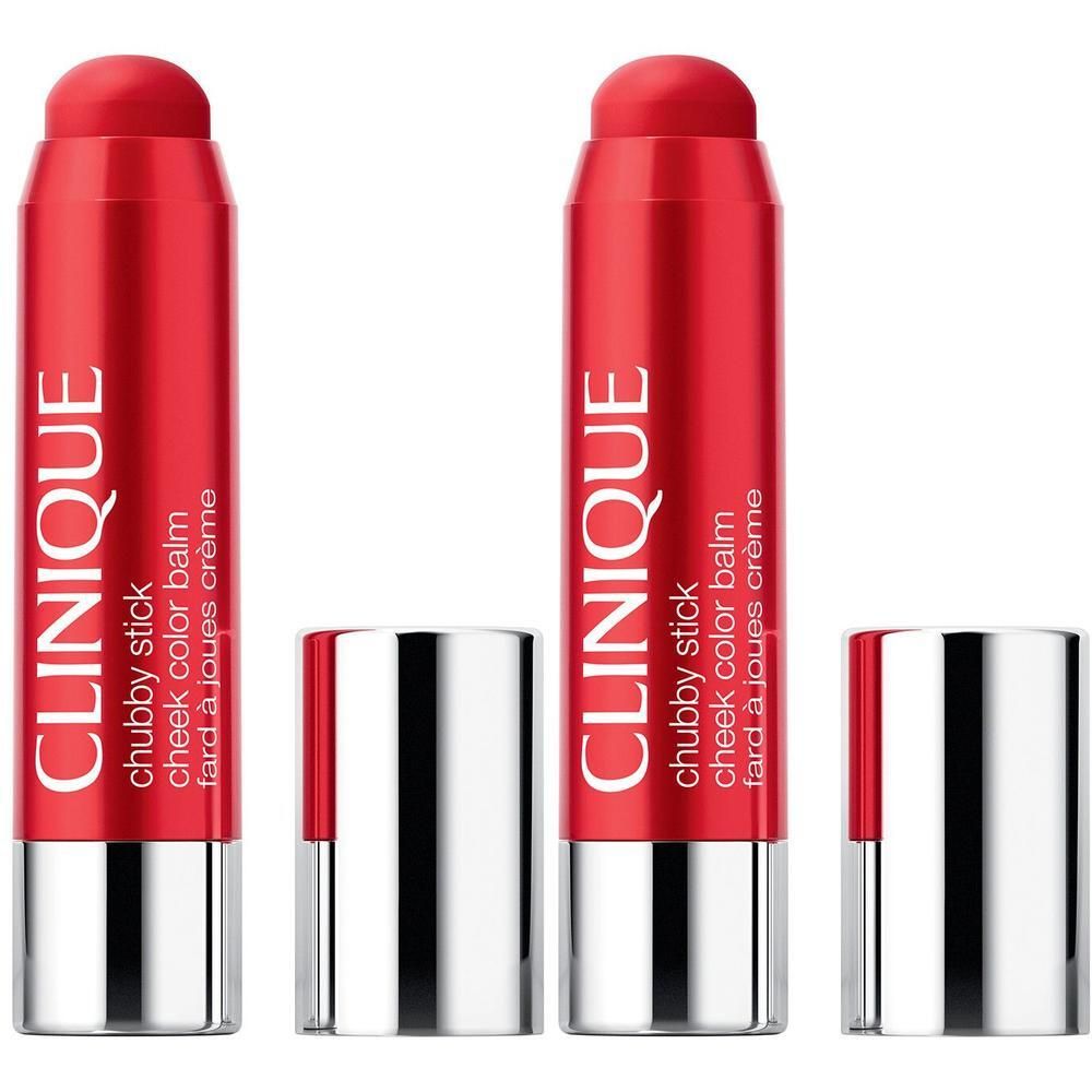 Deux Chubby Sticks Clinique rouges avec capuchons argentés.