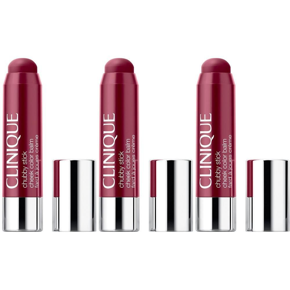 Trois Chubby Stick Joues Clinique couleur Plumped Up Peony avec capuchons argentés.