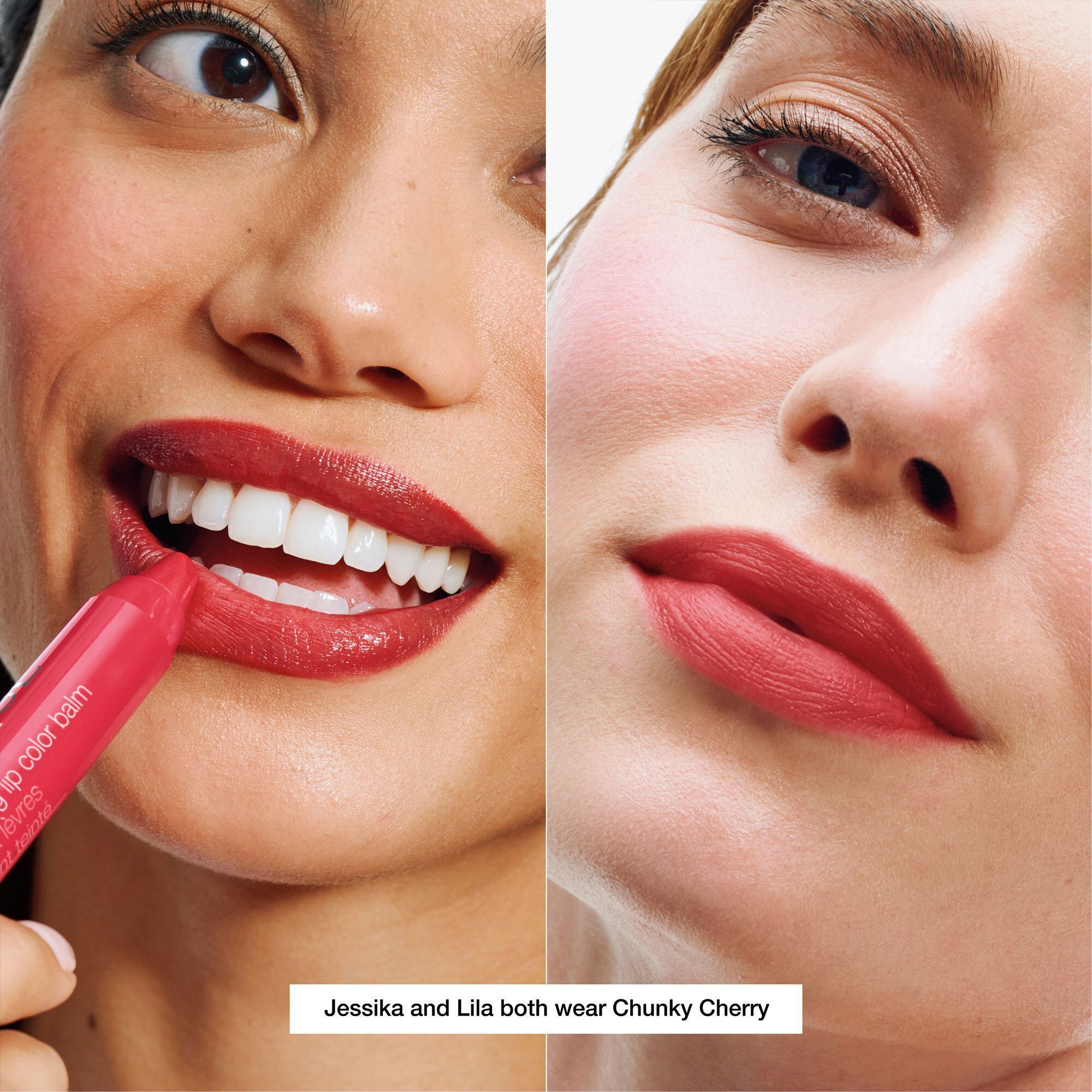 Deux femmes portant du rouge à lèvres rouge, 'Chunky Cherry' montré.