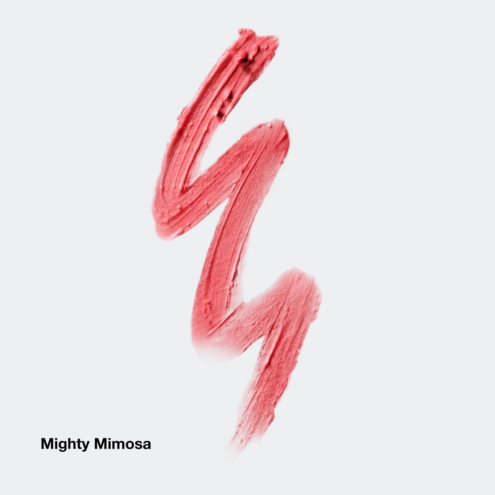 Een koraalkleurige lippenbalsem-streek genaamd 'Mighty Mimosa'.
